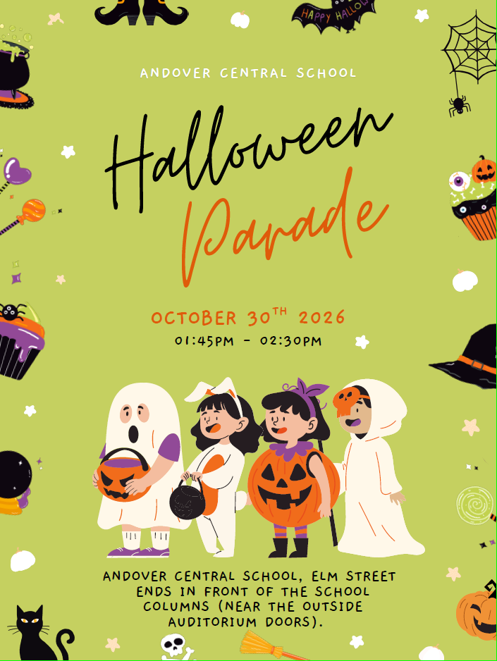 A flyer for the Andover Central School Halloween Parade on October 30th, 2026, featuring four children in costumes.